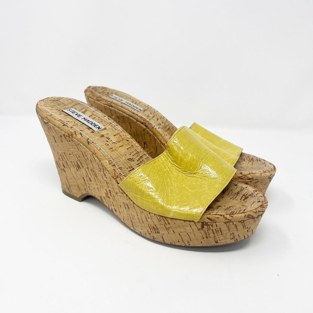Steve Madden Surg Women Yellow Leather Cork Platform Wedge Sandals Heels 9M